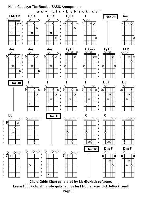 Chord Grids Chart of chord melody fingerstyle guitar song-Hello Goodbye-The Beatles-BASIC Arrangement,generated by LickByNeck software.